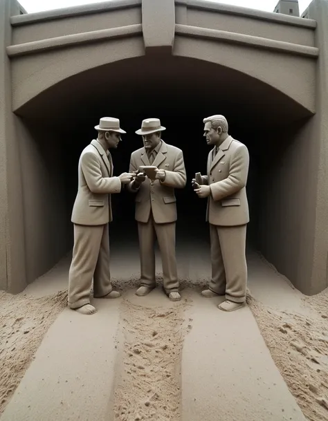 In a sand sculpture style, <lora:Sand-Sculpture-Style-SCG:0.85>,, A pair of spies exchanging intel under a bridge, shadows lurking.