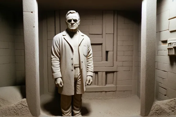 In a sand sculpture style, <lora:Sand-Sculpture-Style-SCG-000011:0.75> Hannibal Lector, standing in his cell, played by Anthony Hopkins