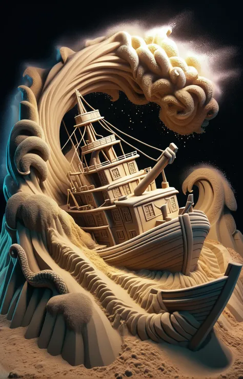 3d isometric, blender render, soft colorful-hued colors, In a sand sculpture style, <lora:Sand-Sculpture-Style-SCG-000011:0.7>, a small boat sinking in the ocean with huge waves crashing at night, water splashing and foam swirling in the air, a kraken rising its tentacles from the waters. Two tone lighting, colorful background