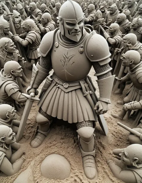 In a sand sculpture style, <lora:Sand-Sculpture-Style-SCG:0.85>,, A knight in shining armor facing down a horde of goblins.
