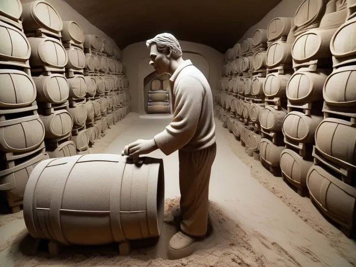 In a sand sculpture style, A winemaker tasting the season's first batch, barrels aging in the cellar. <lora:Sand-Sculpture-Style-SCG:0.85>
