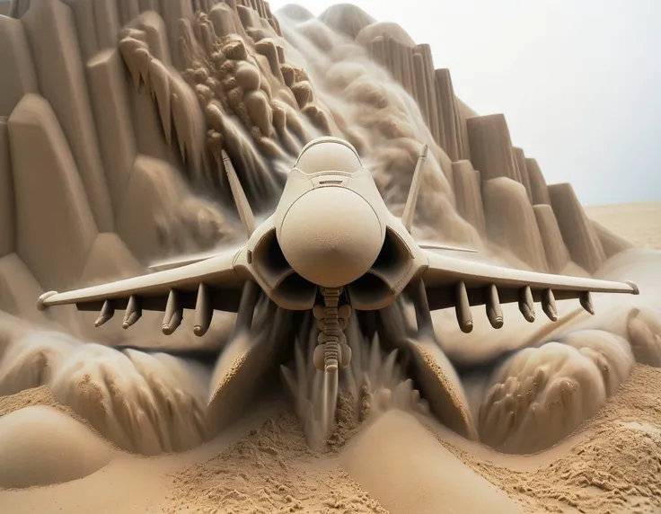 In a sand sculpture style, <lora:Sand-Sculpture-Style-SCG:0.85>,, Fighter jet breaking the sound barrier, creating a visible sonic boom and cloud vapor.