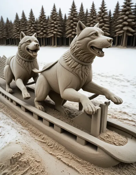In a sand sculpture style, <lora:Sand-Sculpture-Style-SCG:0.85>,, Sled dogs racing across a frozen tundra, snow kicking up from the sled.