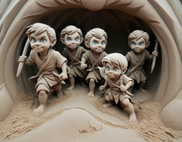 In a sand sculpture style, <lora:Sand-Sculpture-Style-SCG:0.85>,, A trio of halflings sneaking into a dragon's lair.