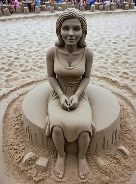 In a sand sculpture style,  <lora:Sand-Sculpture-Style-SCG:0.85>,, a old beautiful naked woman standing proudly with a sexy smirk on her face wearing Daisy Dukes jean shorts and bare breasts, ( dawn:1.3), (full body female:1.3), (nude naked NSFW:1.3), She is teasing me with a risqu sexiness with her mysterious smirk. She is sensuous, sexy, erotic and alone