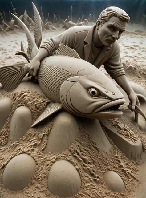 In a sand sculpture style, <lora:Sand-Sculpture-Style-SCG:0.85>Dramatic award winning nature action photography of fish hunting in its natural environment