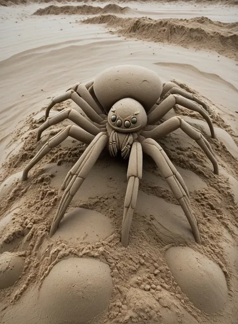 In a sand sculpture style,  <lora:Sand-Sculpture-Style-SCG:0.85>Dramatic award winning nature action photography of  spider wandering  in its natural environment