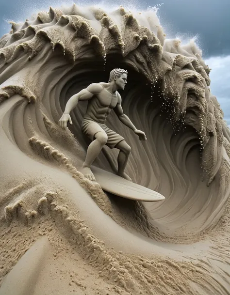 Surfer Objects Arafed sand sculpture of a surfer riding a wave on a beach - SeaArt AI