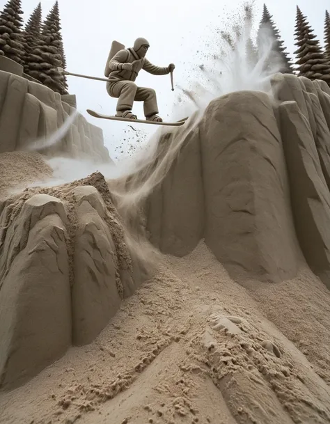 Sand sculpture style,  Surfer conquers huge wave during storm, Splash，Bubbles tumbling in the air