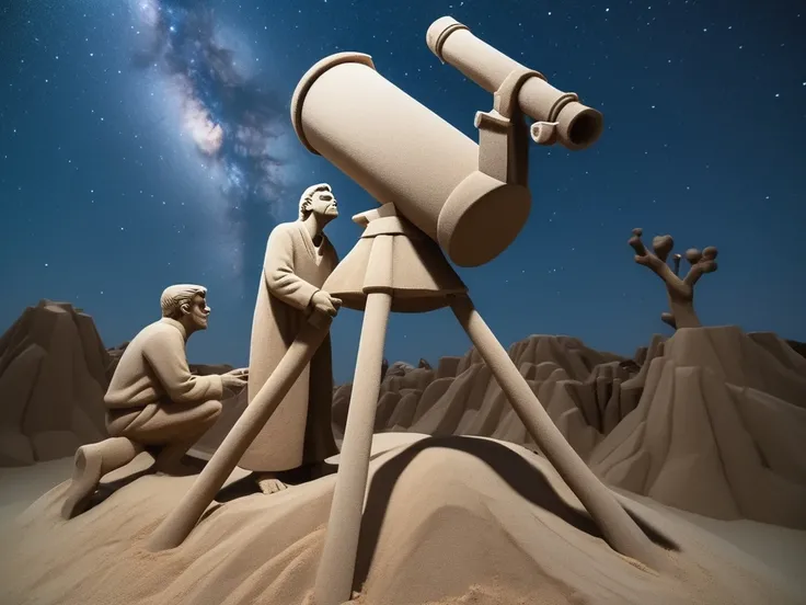 In a sand sculpture style, A stargazer setting up a telescope under a desert sky, constellations shining.   <lora:Sand-Sculpture-Style-SCG:0.85>