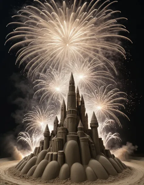 In a sand sculpture style,  <lora:Sand-Sculpture-Style-SCG:0.85>,, Grand finale of a fireworks show, multiple explosions lighting up the night sky, smoke trails lingering.