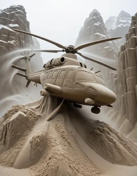 In a sand sculpture style, <lora:Sand-Sculpture-Style-SCG:0.85>,, Helicopter making a daring mountain rescue, rotor wash kicking up snow and rocks.