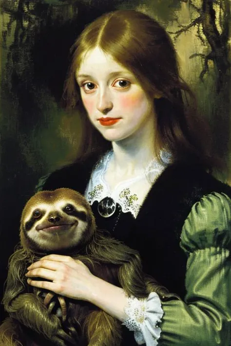 Portrait of woman holding sloth, painting, style of Gerhard Richter