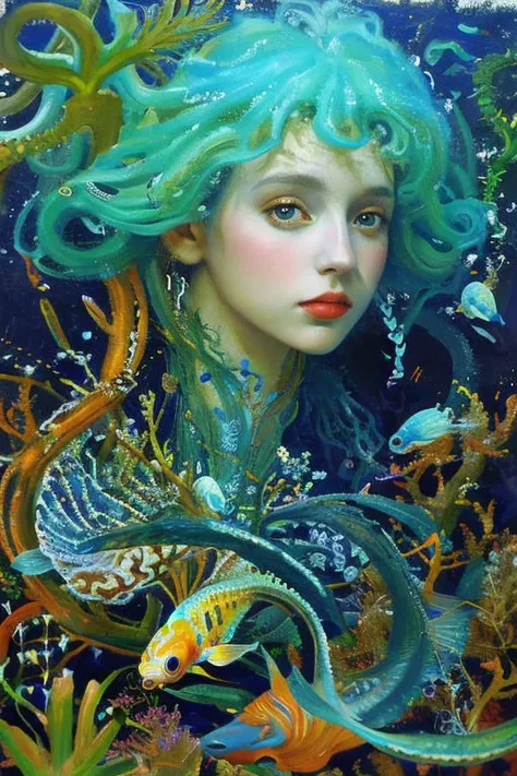 Masterpiece, oil painting of beautiful european woman with big koi, siren, pretty face, hair like algae and octopus, blue water, underwater, jungle, corals, sunshine, hyperrealistic, 8k