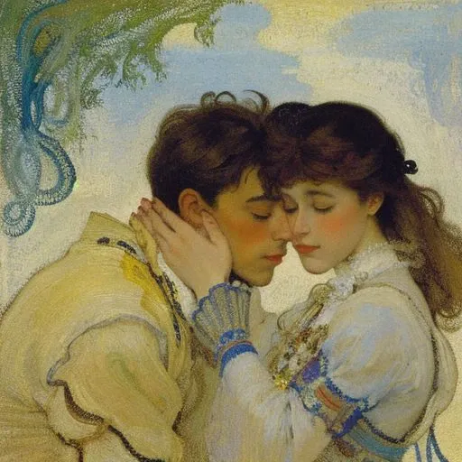 Portrait of woman and man kissing, eyes closed, painting, style of Alfons mucha