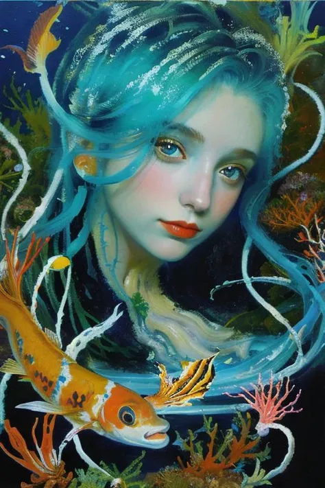 Masterpiece, oil painting of beautiful european woman with big koi, siren, pretty face, hair like algae and octopus, blue water, underwater, jungle, corals, sunshine, hyperrealistic, 8k