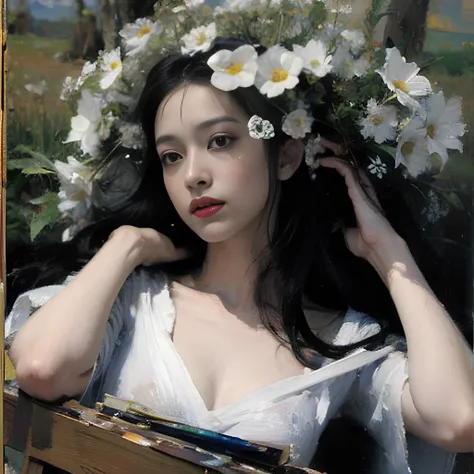 ((oil painting:1.5)), \\ a woman with long black hair and white flowers in her hair is laying down in a field of white flowers, (amy sol:0.248), (stanley artgerm lau:0.106), (a detailed painting:0.353), (gothic art:0.106),white dress, clean clothes,extremely detailed eyes and face,(natural skin texture, realistic eye and face details:1.5)