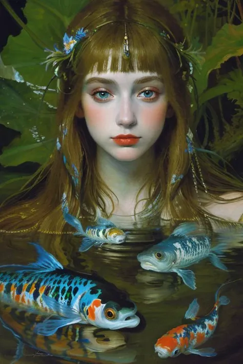 Masterpiece, oil painting of beautiful european woman with big koi, pretty face, hair like algae, blue water, jungle, hyperrealistic, 8k