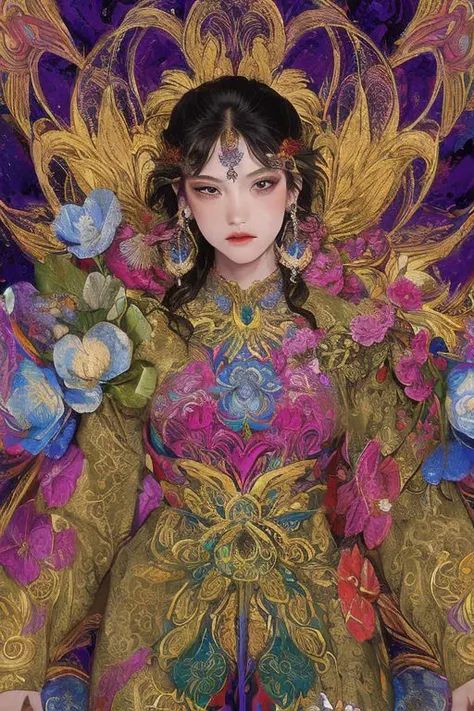 (masterpiece, top quality, best quality, official art, beautiful and aesthetic:1.2), (1girl:1.3), extremely detailed,(fractal art:1.1),(colorful:1.1)(flowers:1.3),highest detailed,(zentangle:1.2), (dynamic pose), (abstract background:1.3), (shiny skin), (many colors:1.4), ,(earrings:1.4),