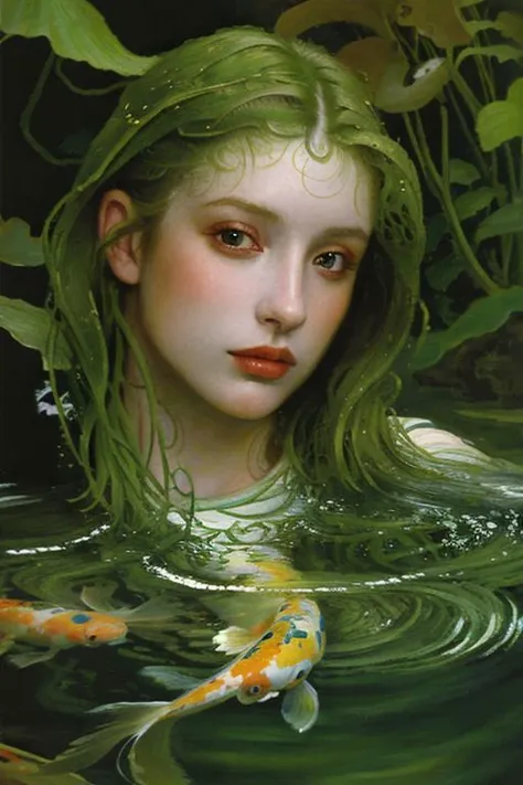 Masterpiece, oil painting of beautiful european woman morphing into a koi, pretty face, hair like algae, water, jungle, hyperrealistic, 8k