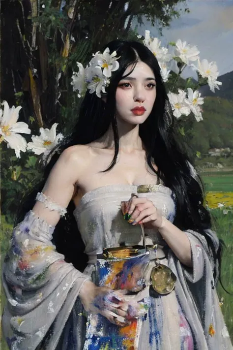(oil painting:1.5), \\ a woman with long black hair and white flowers in her hair is standing in a field of flowers, birds, crowd pf Raven surround her, (amy sol:0.248), (stanley artgerm lau:0.106), (a detailed painting:0.353), (gothic art:0.106), large raven in background