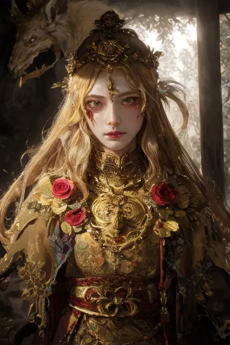 1girl, beautiful woman in a mythical colorful spirit forest, masterpiece, perfect face, intricate details, horror theme, raw photo, photo unp, - [object Object], (Detailed face features:1.3), (RAW photo, 16k, masterpiece, best quality: 1.2), (ultra realism, hyper detailed and intricate realism: 1.3), (wide depth of field, radiant mapping, ray tracing, god rays: 1.2), High dynamic range, vivid, rich details, clear shadows and highlights, realistic, intense, enhanced contrast,