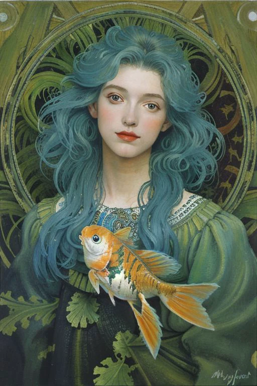 Masterpiece, oil painting of beautiful european woman with big koi, pretty face, hair like algae, blue water, jungle, hyperrealistic, 8k