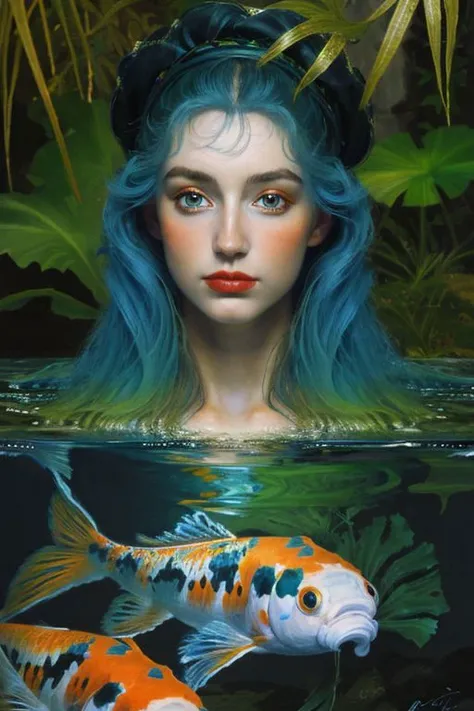 Masterpiece, oil painting of beautiful european woman with big koi, pretty face, hair like algae, blue water, jungle, hyperrealistic, 8k