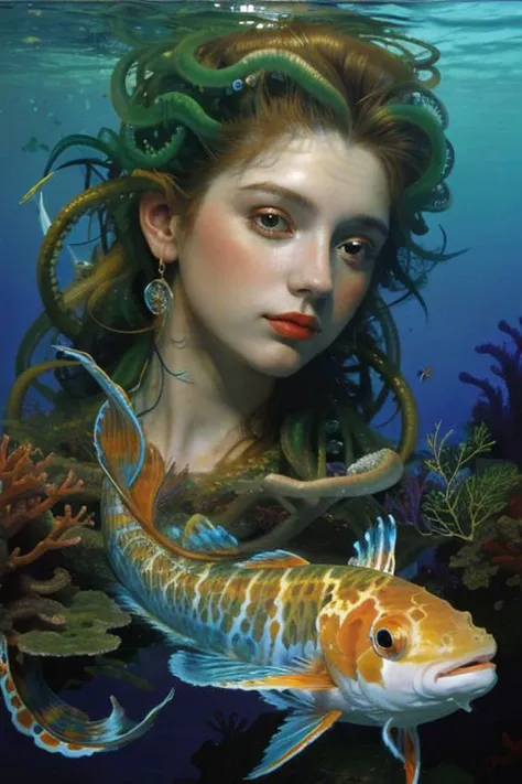 Masterpiece, oil painting of beautiful european woman with big koi, siren, pretty face, hair like algae and octopus, blue water, underwater, jungle, corals, sunshine, hyperrealistic, 8k