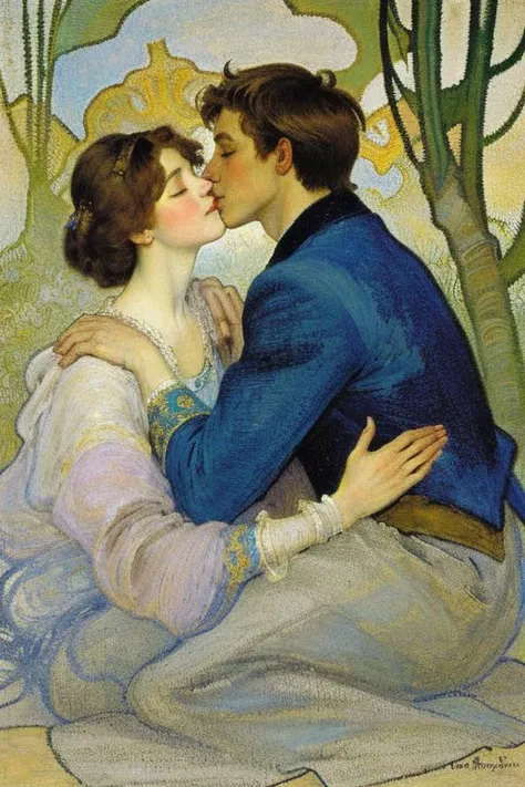 Portrait of woman and man kissing, eyes closed, painting, style of Alfons mucha
