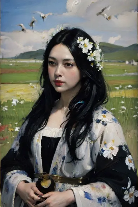 (oil painting:1.5), \\ a woman with long black hair and white flowers in her hair is standing in a field of flowers, birds, crowd pf Raven surround her, (amy sol:0.248), (stanley artgerm lau:0.106), (a detailed painting:0.353), (gothic art:0.106),