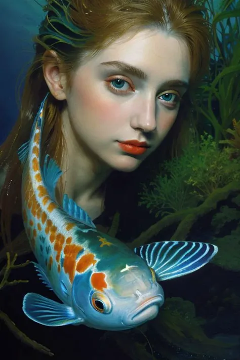 Masterpiece, oil painting of beautiful european woman with big koi, pretty face, hair like algae, blue water, underwater, jungle, hyperrealistic, 8k