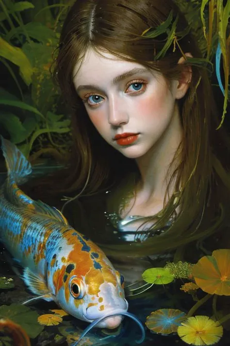 Masterpiece, oil painting of beautiful european woman with big koi, pretty face, hair like algae, blue water, jungle, hyperrealistic, 8k