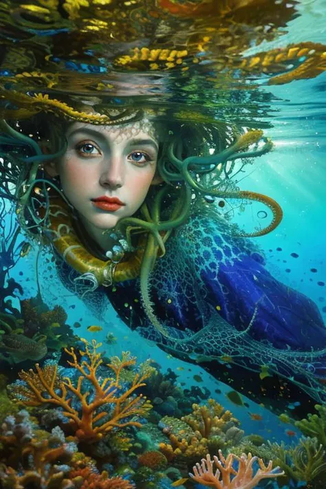 Masterpiece, oil painting of beautiful european woman with big koi, siren, pretty face, hair like algae and octopus, blue water, underwater, jungle, corals, sunshine, hyperrealistic, 8k