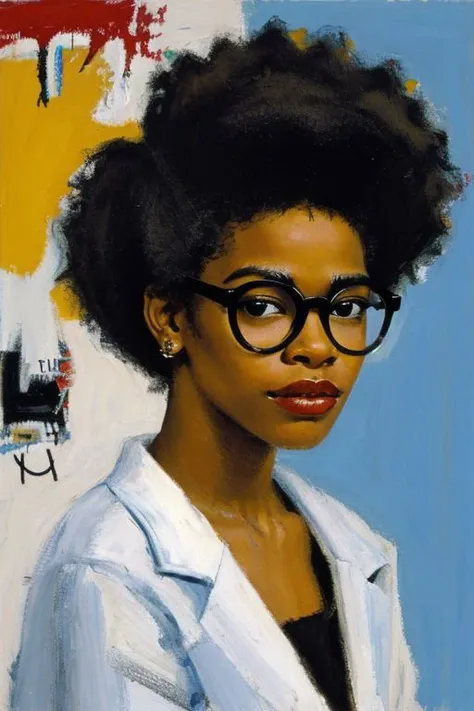 Portrait of woman with big glasses, painting, style of basquiat