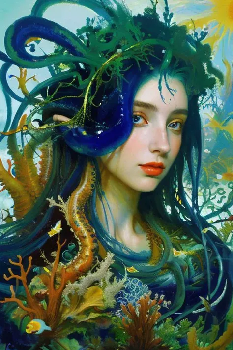 Masterpiece, oil painting of beautiful european woman with big koi, siren, pretty face, hair like algae and octopus, blue water, underwater, jungle, corals, sunshine, hyperrealistic, 8k