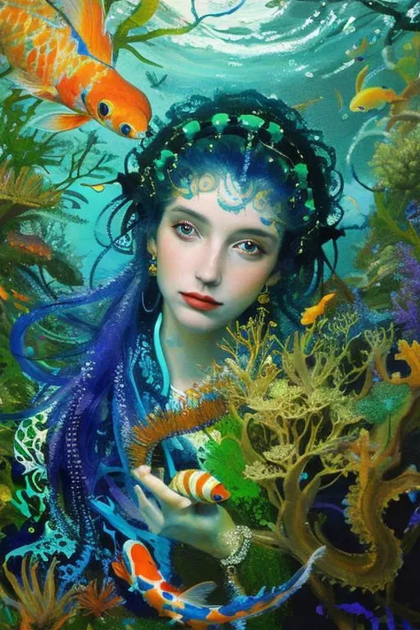 Masterpiece, oil painting of beautiful european woman with big koi, siren, pretty face, hair like algae and octopus, blue water, underwater, jungle, corals, sunshine, hyperrealistic, 8k