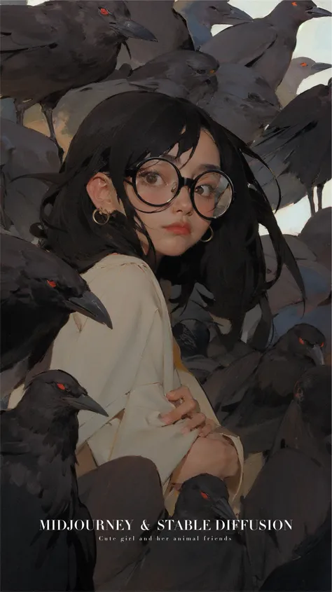 A girl with glasses, Realistic girl face, surrounded by many black crows, Black feather,Fluttering feathers, barroco, anime aesthetic,Giant crows. Crows fill the picture, black background, fisheye shot,artistic conception scene,yuko shimizu style, emily kame kngwarreye, mark catesby, No blank