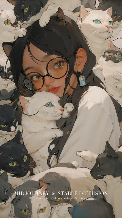 A girl with glasses, surrounded by many white cats, barroco, anime aesthetic, cats fill the picture, Cat lady, animal ear lady, fisheye shot,artistic conception scene,yuko shimizu style, emily kame kngwarreye, mark catesby