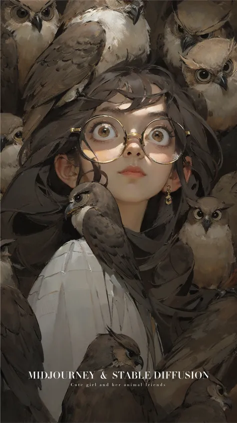 A girl with glasses, Realistic girl face, surrounded by many owl, barroco, anime aesthetic, Giant owl, owl fill the picture, black background, fisheye shot,artistic conception scene,yuko shimizu style, emily kame kngwarreye, mark catesby