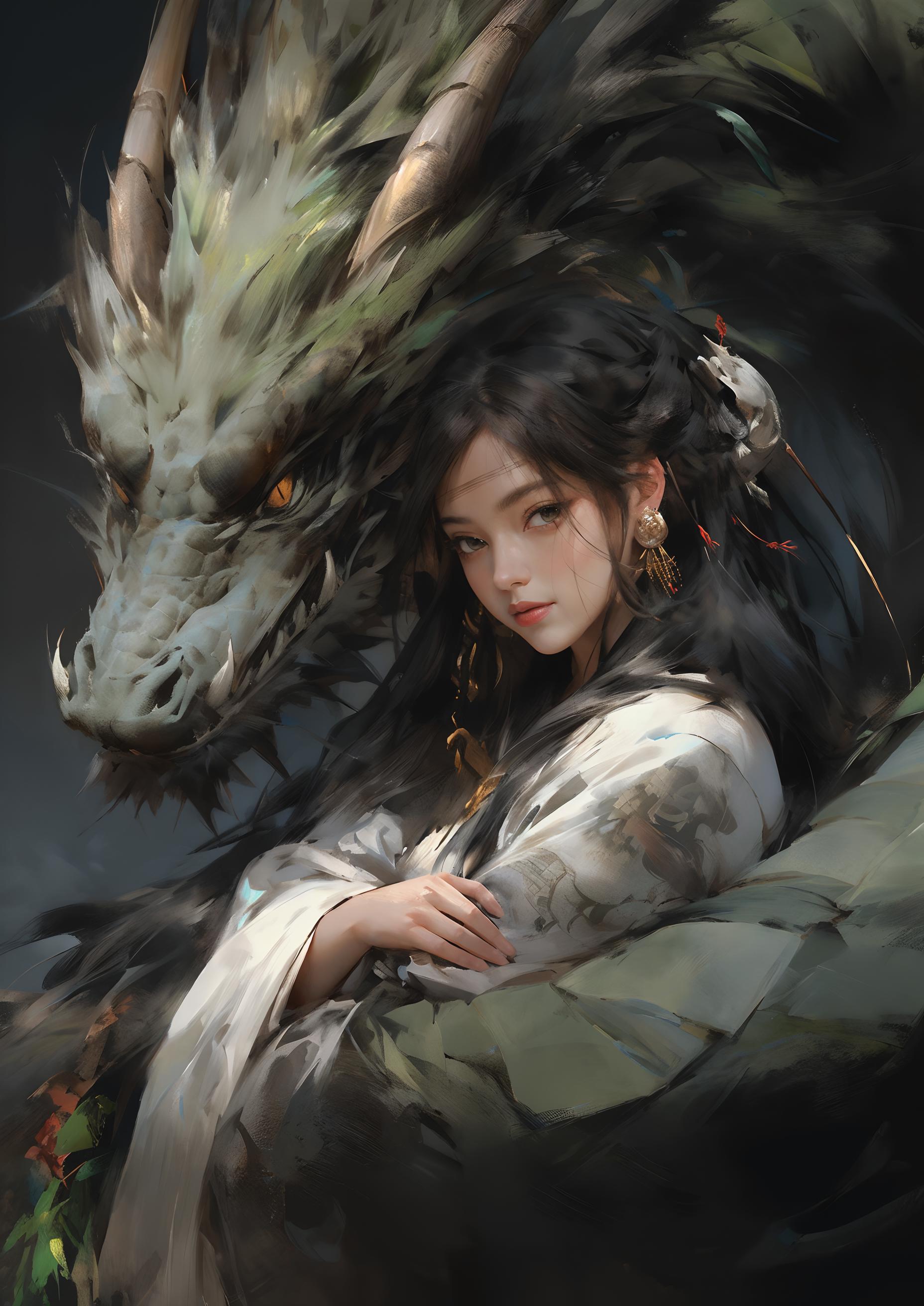 Painting of a woman with a dragon on her shoulder - SeaArt AI