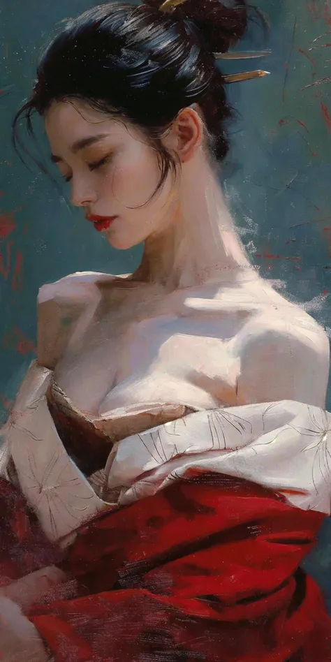 (oil painting, breasts :1.5),1girl,black hair,realistic,closed eyes,red background,upper body,collarbone,mole,japanese clothes,kimono,red lips,closed mouth,bare shoulders,hair ornament,medium breasts,off shoulder,undressing,mole on breast,lips,
<lora:Oil painting(oil brush stroke) - æ²¹ç»ç¬è§¦_v0612:0.2>,pureerosface_v1,