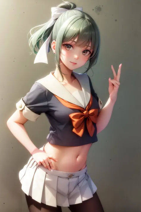 (masterpiece, best quality:1.2), <lyco:kancolle_yuubari-17:1.0>, cowboy shot, solo, 1girl, yuubari, slight smile, looking at viewer, hand on hip, ponytail, hair bow, school uniform, serafuku, bowtie, short sleeves, pleated skirt, pantyhose, midriff