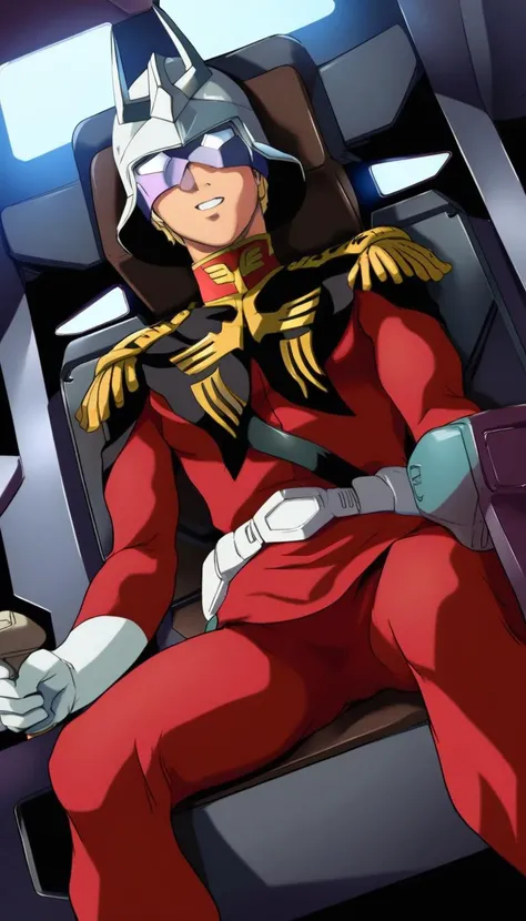 1boy, parted lips, grin, helmet, red military uniform, red pants, joystick,seatbelt,sitting, cowboy shot, dutch angle, gundamwingcockpit, charlora, <lora:gundamwingcockpitXL2:1> <lora:charlora_charaLoRA_XL_AMG:0.8>