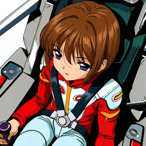 masterpiece,best quality,ultra detail,kinomoto sakura, gundamwingcockpit,girl,face,brown shorthair,face focus,sitting,joystick,seatbelt,pilot suit, cowboy shot<lora:gundamwingcockpitXL2:0.8> <lora:Card Captor Sakura Anime_XL:0.8>from above