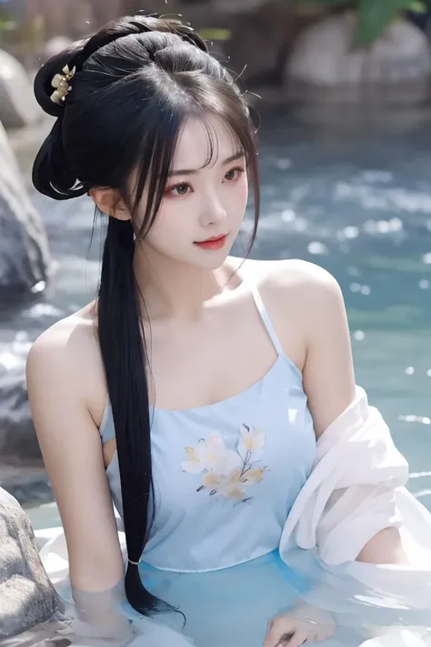 ltra-detailed,highly detailed,best quality,masterpiece,illustration,realistic,photorealistic,dudou,chinese camisole,chinese bra,bandeau,1girl,solo,chinese clothes,hanfu,naked,naked dudou,bare shoulders,black hair,long hair,hair bun,hair ornament,twintails,looking at viewer,upper body,photo background,water,rock,flower,<lora:dudou_v1_07:0.7>,