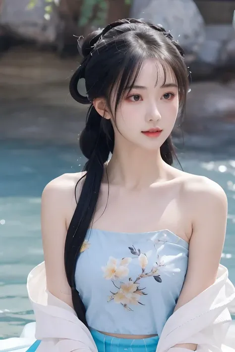 ltra-detailed,highly detailed,best quality,masterpiece,illustration,realistic,photorealistic,dudou,chinese camisole,chinese bra,bandeau,1girl,solo,chinese clothes,hanfu,naked,naked dudou,bare shoulders,black hair,long hair,hair bun,hair ornament,twintails,looking at viewer,upper body,photo background,water,rock,flower,<lora:dudou_v1_07:0.7>,