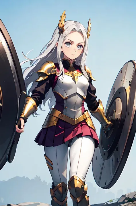 ultra detailed, masterpiece, best quality, solo, <lora:kny_v1:0.75>,
serious,
1girl, (white eyes:1.1), (grey eyes:1.3), white hair, very long hair, parted hair, parted bangs, <lora:parted_hair_v1.3:1.3>, medium breasts,
valkyrie, (bodysuit:1.1), pink wing hair ornament, grey armored skirt, black bodysuit, armor, gauntlets, pink breastplate, greaves, armored dress, pink hues,