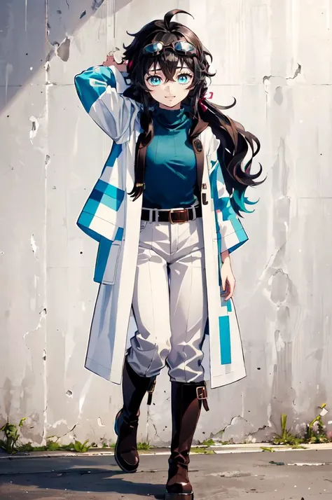 ultra detailed, masterpiece, best quality, solo, <lora:kny_v1:0.75>,
smile,
1girl, (teal eyes:1.1), (aqua eyes:0.45), (black hair:1.2), <lora:low_ponytail-1.0:0.95> low ponytail, ahoge, low ponytail, absurdly long hair, very long hair, (hair flaps:1.2), flipped hair, hair between eyes, bangs, messy hair, small breasts,
(goggles on head:1.3), hooded coat, open coat, turtleneck, capri pants, black knee boots, multiple belts, multiple straps, white long jacket, white coat, (half-skirt:0.65), layered clothes, hair ribbon,
