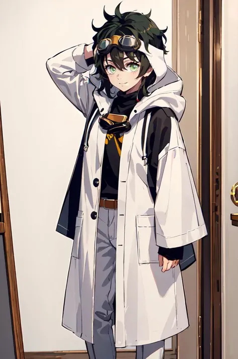 ultra detailed, masterpiece, best quality, solo, soft smile, light smile,
1boy, green eyes, short hair, black hair, bangs, hair between eyes, messy hair,
(goggles on head:1.3), headband, white coat, hooded coat, hood down, open coat, turtleneck, capri pants, pants, black knee boots, <lora:kny_v1:0.75>